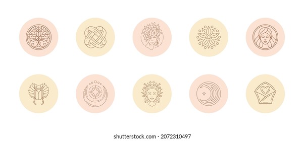 Set of icons and emblems for social media stories highlight covers in linear style vector illustration. Modern drawings with feminine signs and magic boho elements for makeup artist or hairdresser.