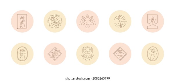 Set of icons and emblems for social media stories highlight covers in linear style vector illustration. Modern drawings with feminine signs and magic boho elements for makeup artist or hairdresser.
