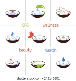 Set of icons and emblems for SPA and ayurveda therapy, beauty treatment and wellness