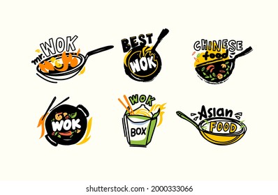 Set of Icons or Emblems Wok and Chopsticks, Chinese Food and Fire, Fresh Fried Asian Meals Cooking Concept with Ingredients on Pan. Label for China House or Restaurant Menu Design. Vector Illustration