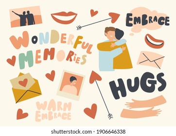 Set von Symbolen Embrace Theme. Umarmende Freunde, Mund lächeln, Umschlag mit Brief und Herz mit Pfeil, Wunderbare Erinnerungen Typografie, Bild in Album, Umarmungen Hände. Cartoon-Vektorgrafik