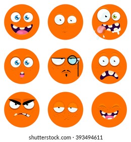 Set of icons of emotions. Different expressions of emotion, an orange icon. Emoji Icons set in cartoon style. Vector illustration.