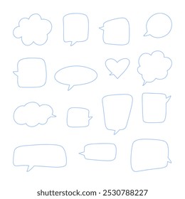 A set of icons of empty speech bubbles drawn by hand with a blue outline on a white background. A dialog box of different shapes for design with text, messages, communications, correspondence 