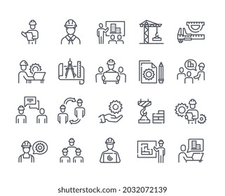 Conjunto de iconos con ingenieros y constructores. Colección de pegatinas con empleados, equipo, plan y herramientas. Diseñar elementos para sitios web. Ilustración vectorial plana de arte de línea aislada en fondo blanco