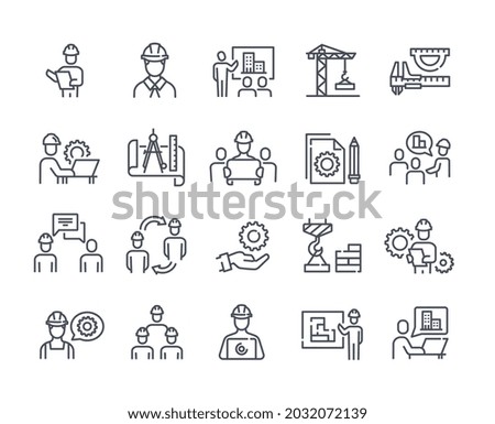 Set of icons with engineers and builders. Collection of stickers with employees, equipment, plan and tools. Design elements for websites. Line art flat vector illustration isolated on white background