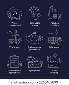 Establecer iconos ambientales, concepto ESG. Iconos con subtítulos. Ilustración del vector aislada en un fondo oscuro