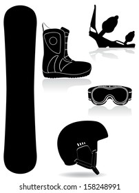 set icons equipment for snowboarding black silhouette vector illustration isolated on white background