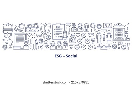 Set icons, ESG social concept. The icons are in the centre of the banner, the headline below them. Banner. Template. Vector illustration isolated on a white background.