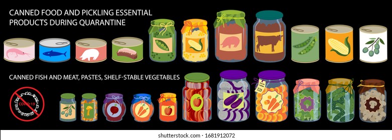 Conjunto de iconos de los alimentos esenciales. Alimentos básicos básicos para situaciones de emergencia y cuarentena. Ilustración vectorial