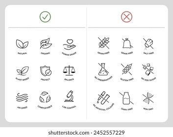 Set of icons for ethical food. The outline icons are well scalable and editable. Contrasting elements are good for different backgrounds. EPS10.	