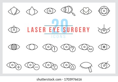 Set of icons for eye laser clinic. Outline illustration vector. Pictogram for web page, mobile app, promo. UI UX GUI design element. Editable stroke.
