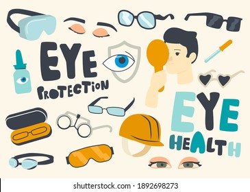 Set of Icons Eyes Protection, Eyesight Diagnostics Theme. Eyeglasses, Optometry and Solution Bottle with Pipette. Eyesight Checkup, Health Care, Oculist Appointment Concept. Linear Vector Illustration