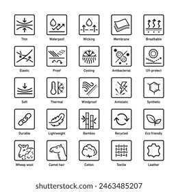 Set icons for fabric, clothing. The outline icons are well scalable and editable. Contrasting vector elements are good for different backgrounds. EPS10.