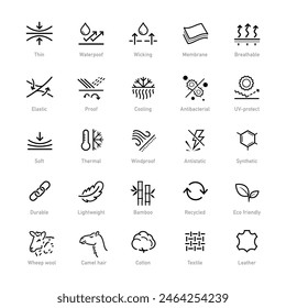 Set icons for fabric, clothing. The outline icons are well scalable and editable. Contrasting vector elements are good for different backgrounds. EPS10.