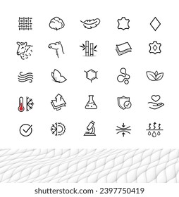 Set-Icons für Stoff, Kleidung. Vektorgrafik. Einzeln auf weißem Hintergrund. Es kann in der adv, promo, package, etc. EPS10 verwendet werden.	