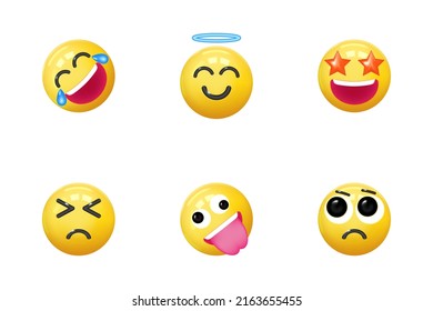 Set of icons face emotion realistic 3d render. Yellow glossy emoticons. vector illustration
