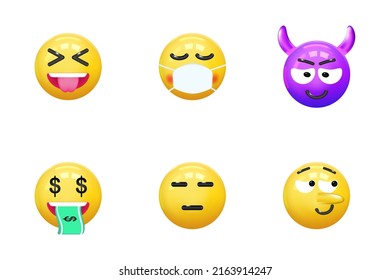 Set of icons face emotion realistic 3d render. Yellow glossy emoticons. vector illustration