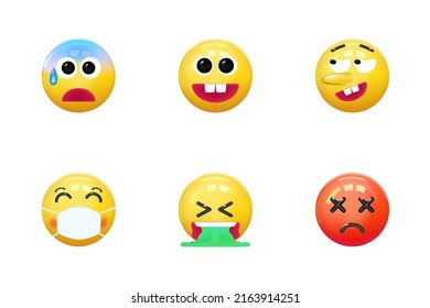Set of icons face emotion realistic 3d render. Yellow glossy emoticons. vector illustration