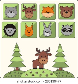 Set of icons with face of forest animals: wolf, deer, fox, bear, hedgehog, squirrel, hare, raccoon. 