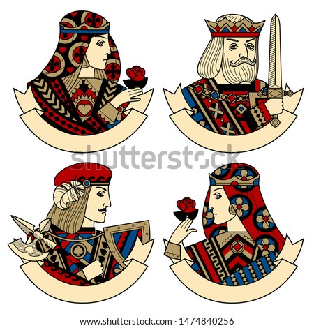 Set of icons with faces of playing cards characters and ribbons for text. Original vintage design. Vector illustration
