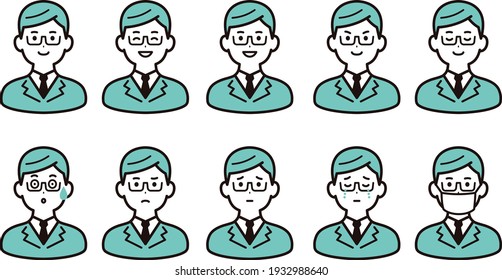 A set of icons for facial expression variations of businessmen wearing glasses.