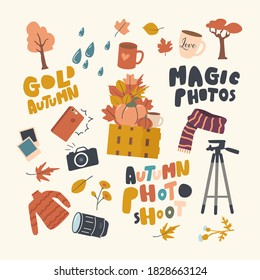 Set of Icons Fall Photo Theme. Autumn Fallen Tree Leaves, Rain Drops and Cup with Hot Drink, Photo Camera, Lens and Warm Clothes Scarf, Sweater, Smartphone and Pumpkin. Linear Vector Illustration
