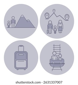 Set of icons with family adventures, including mountain hiking, travel planning, luggage, and scenic train ride, perfect for travel-related projects and designs