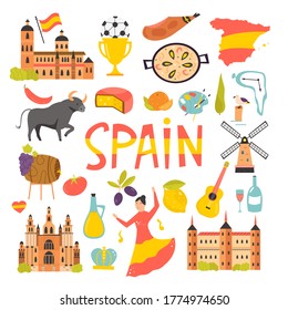 Set of icons, famous symbols of Spain. Big bundle of vector designs. objects.