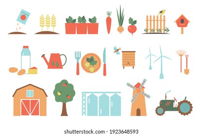 A set of icons for farm and agriculture. Plants and gardening tools. Plant planting and plant care. Agricultural machinery and technology. Icons like farm, cultivation, plant, apple tree.