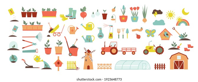 A set of icons for farm and agriculture. Plants and gardening tools. Plant planting and plant care. Flower business. Agricultural machinery and technology. Icons like farm, cultivation, plant