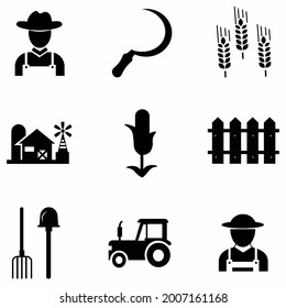 A set of icons for farm and agriculture. Plants and gardening tools. Plant planting and plant care. Flower business. Agricultural machinery and technology. Icons like farmer, cultivation, plant, crop