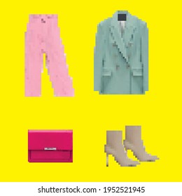 A set of icons of fashionable pixelated bright clothes: formal trousers, a jacket, ankle boots with high heels, a bright handbag