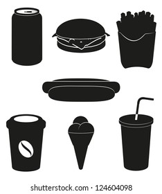 set icons of fast food black silhouette vector illustration isolated on white background