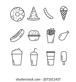 A set of icons for fast food in black and white.