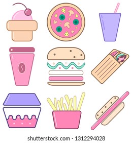 Set of icons with fast food. Harmful food, tasty food. Pastel colors. Vector illustration
