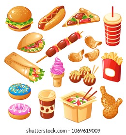 Set of icons fast food including drinks, sandwiches, noodle, sweets, fried potato, chicken legs isolated vector illustration