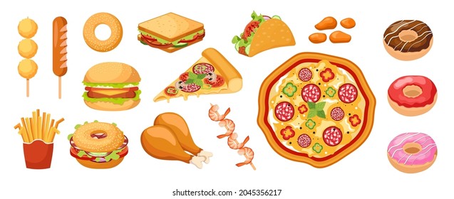 Set of Icons Fastfood, Takeaway Food French Fries, Sweet Donuts, Sandwich. Chicken Legs, Nuggets and Pizza with Sausage and Shrimps on Skewers. Burger, Tacos, French Fries. Cartoon Vector Illustration