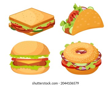 Set of Icons Fastfood, Takeaway Junk Food Burger, Sandwich, Tex Mex Tacos Snack Isolated on White Background. Restaurant, Cafe or Bistro Meals Design Elements for Menu. Cartoon Vector Illustration