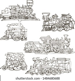 Set of icons featuring abstract vintage fantasy steam locomotives illustrating vintage design or technology or steampunk concept. Hand drawn.