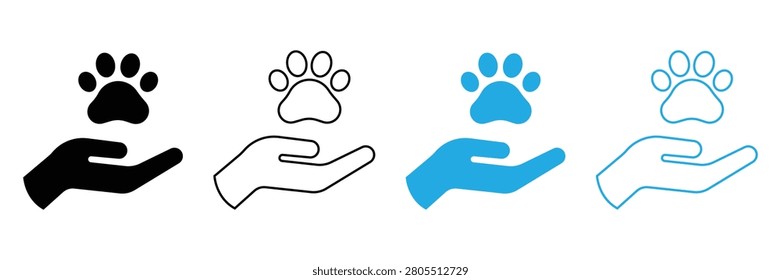 A set of icons featuring animal paws and hands in various colors and line styles, ideal for illustrating pet care, protection, and welfare themes.
