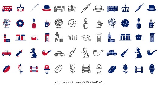 A set of icons featuring British symbols in various styles for tourism projects. 10 EPS.