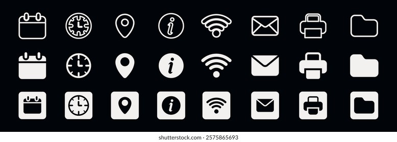 Set of icons featuring calendar, clock, location, info, Wi-Fi, email, printer, and folder. Icons in black and white, simple and modern design. User interface vector set.