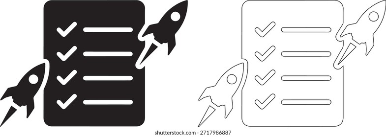 Un conjunto de iconos con una lista de verificación con cohetes en blanco y negro, presentados en formas sólidas y delineadas sobre un fondo blanco puro para un uso de diseño versátil.