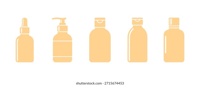 Un conjunto de iconos con botellas de plástico cosméticas para el diseño de envases. Ilustración de stock de Vector, aislado en un fondo para el mercado de la belleza, paquete de etiquetas de productos.