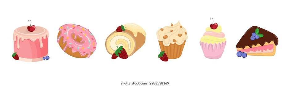 A set of icons featuring desserts such as cakes, cupcakes, sweet rolls, and pastries. Vector illustration