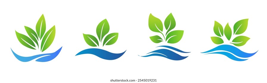 set of icons featuring green leaves above flowing blue water waves. These logos are against a white background, suitable for hydroponic, gardening, or eco-friendly branding concepts