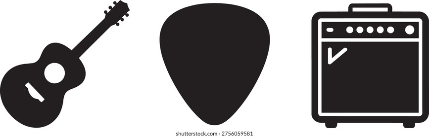 Set of icons featuring guitar, pick, and amplifier. Symbolizes music, creativity, performance, and sound.