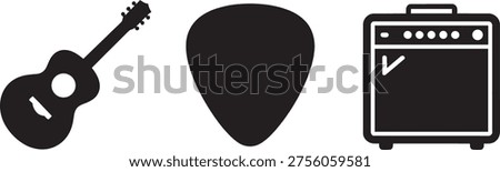 Set of icons featuring guitar, pick, and amplifier. Symbolizes music, creativity, performance, and sound.