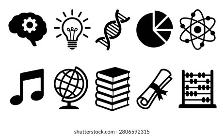 Set of icons featuring human brain gear light bulb dna strand pie chart atom music note globe stack of books diploma scroll and abacus for science education business research and musical study thematic design layouts.