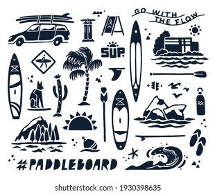 Set of icons featuring paddle boarding equipment, water sports and vacation scenery. Vector illustration. 